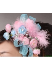 Pink Feather and Blue Net Flower Beading For Party