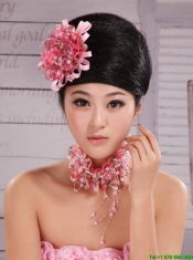 Pink Satin Ribbon and Net Flower With Pearls For Party