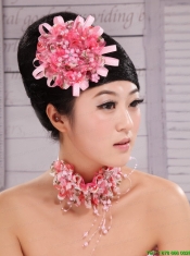 Pink Satin Ribbon and Net Flower With Pearls For Party