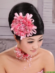 Pink Satin Ribbon and Net Flower With Pearls For Party