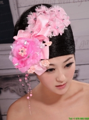 Pink Satin Ribbon Flowers With Beading For Wedding