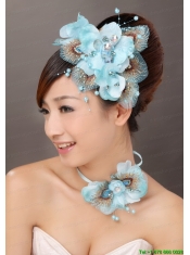 Popular Light Blue Taffeta Tulle Feather Beading Women’ s Fascinators