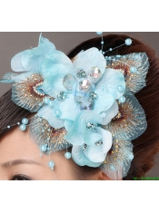 Popular Light Blue Taffeta Tulle Feather Beading Women’ s Fascinators