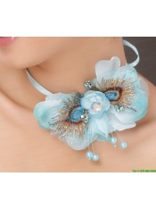 Popular Light Blue Taffeta Tulle Feather Beading Women’ s Fascinators