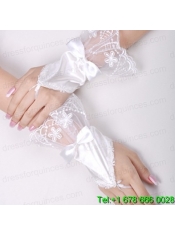Pretty Satin Fingerless Wrist Length Bridal Gloves With Lace And Bow