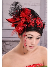 Red Best Sale Hat Flower Wedding Headpieces With Feather