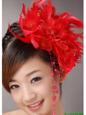 Red Custom Made Headpieces With Beaded Decorate Feather