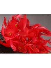 Red Custom Made Headpieces With Beaded Decorate Feather