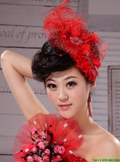 Red Hairpins Birdcage Veils Tulle Feather Outdoor and Special Occasion and Outdoor