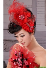 Red Hairpins Birdcage Veils Tulle Feather Outdoor and Special Occasion and Outdoor