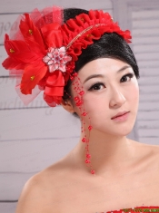 Red Headpiece For Bride Pearl Headdress Feathers