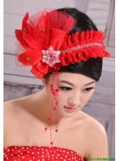 Red Headpiece For Bride Pearl Headdress Feathers