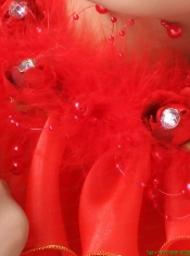 Red Organza Hearpices With Imitation Feather Rhinestones Decorate