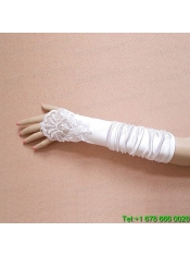Satin Fingerless Elbow Length Bridal Gloves With Beading And Ruching