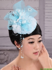 Tulle Aqua Blue Fully Handmade Headpices With Rhinestones and Flowers Decorate For Party