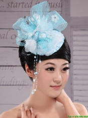 Tulle Aqua Blue Fully Handmade Headpices With Rhinestones and Flowers Decorate For Party