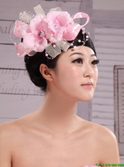 Wedding Party Pink Big Flower Pearls Chiffon and Tulle Headdress Bride