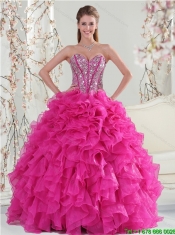 2015 Detachable Hot Pink Sweet 15 Dresses with Beading and Ruffles