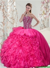2015 Detachable Hot Pink Sweet 15 Dresses with Beading and Ruffles