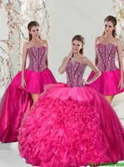 2015 Detachable Hot Pink Sweet 15 Dresses with Beading and Ruffles
