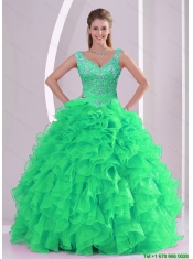 2015 Detachable Spring Green Quinceanera Dresses with Beading and Ruffles
