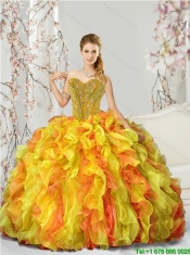 2015 Detachable Yellow and Orange Sweet 16 Dresses with Beading and Ruffles