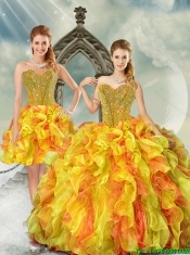 2015 Detachable Yellow and Orange Sweet 16 Dresses with Beading and Ruffles