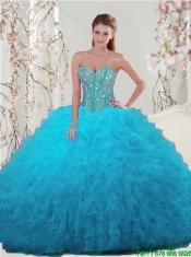 2015 Spring Detachable Beading and Ruffles Turquoise Dresses For Quince