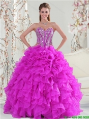 2015 Spring Detachable Hot Pink Sweet 16 Dresses with Beading and Ruffles
