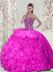 2015 Spring Detachable Hot Pink Sweet 16 Dresses with Beading and Ruffles