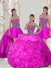 2015 Spring Detachable Hot Pink Sweet 16 Dresses with Beading and Ruffles