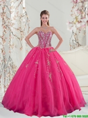 2015 Sweetheart Hot Pink Sequins and Appliques Prom Dresses