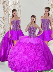 2015 Unique and Detachable Beading and Ruffles Fuchsia Sweet 16 Dresses
