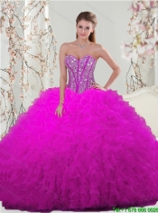 Detachable and Classical Quinceanera Dresses with Beading and Ruffles in Fuchsia for 2015 Spring