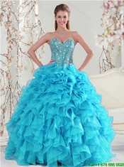 Detachable Aqua Blue Sweet 15 Dresses with Beading and Ruffles for 2015