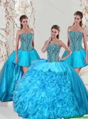 Detachable Aqua Blue Sweet 15 Dresses with Beading and Ruffles for 2015