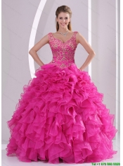 Detachable Hot Pink Quince Dresses with Beading and Ruffles for 2015