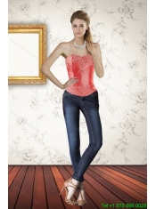 2015 New Style Strapless Coral Red Corset with Embroidery