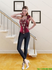 2015 Cute Wine Red One Shoulder Corset with Beading