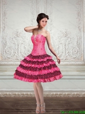 2015 Cheap Ball Gown Printed Strapless Ruffled Dama Dresses in Hot Pink and Black