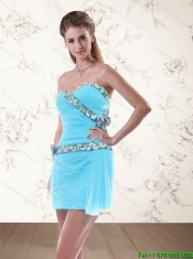 2015 Cheap Light Blue Dama Dresses with Flower and Appliques