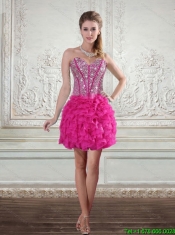 2015 Hot Pink High Low Sweetheart Christmas Party Dresses with Beading and Ruffled Layers