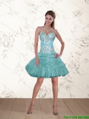2015 Popular Halter Top Beading Cheap Dama Dresses in Aqua Blue