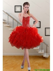 2015 Pretty Sweetheart Ruffled Red Prom Dresses with Beading