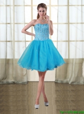 2015 Puffy Baby Blue Sweetheart Short Cheap Dama Dresses with Beading