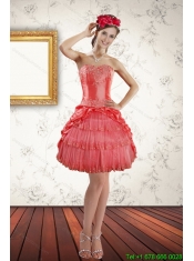 2015 Strapless Coral Red Prom Dresses with Ruffled Layers