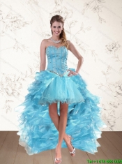 Baby Blue Sweetheart High Low Dama Dresses with Ruffles and Beading
