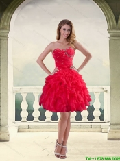 Ball Gown Strapless Red 2015 Prom Dresses with Ruffles and Beading
