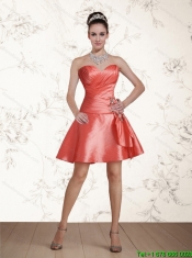 Cheap Sweetheart Appliques Ruching Short Dama Dresses in Watermelon