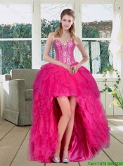 High Low Hot Pink Sweetheart Christmas Party Dresses with Ruffls and Beading
